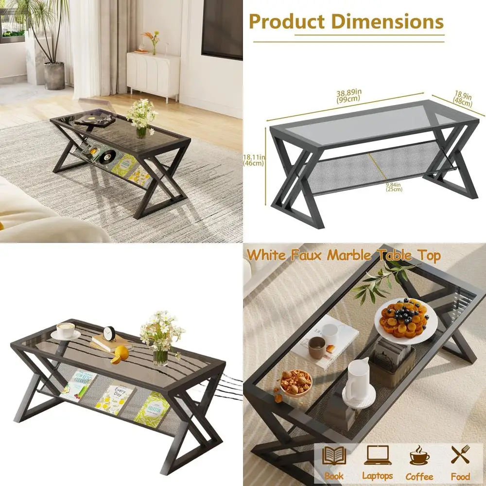 

Modern Grey Glass Coffee Table with Storage Shelf, Industrial Style Rectangular Table on Black Metal Frame for Living Room, Bedr