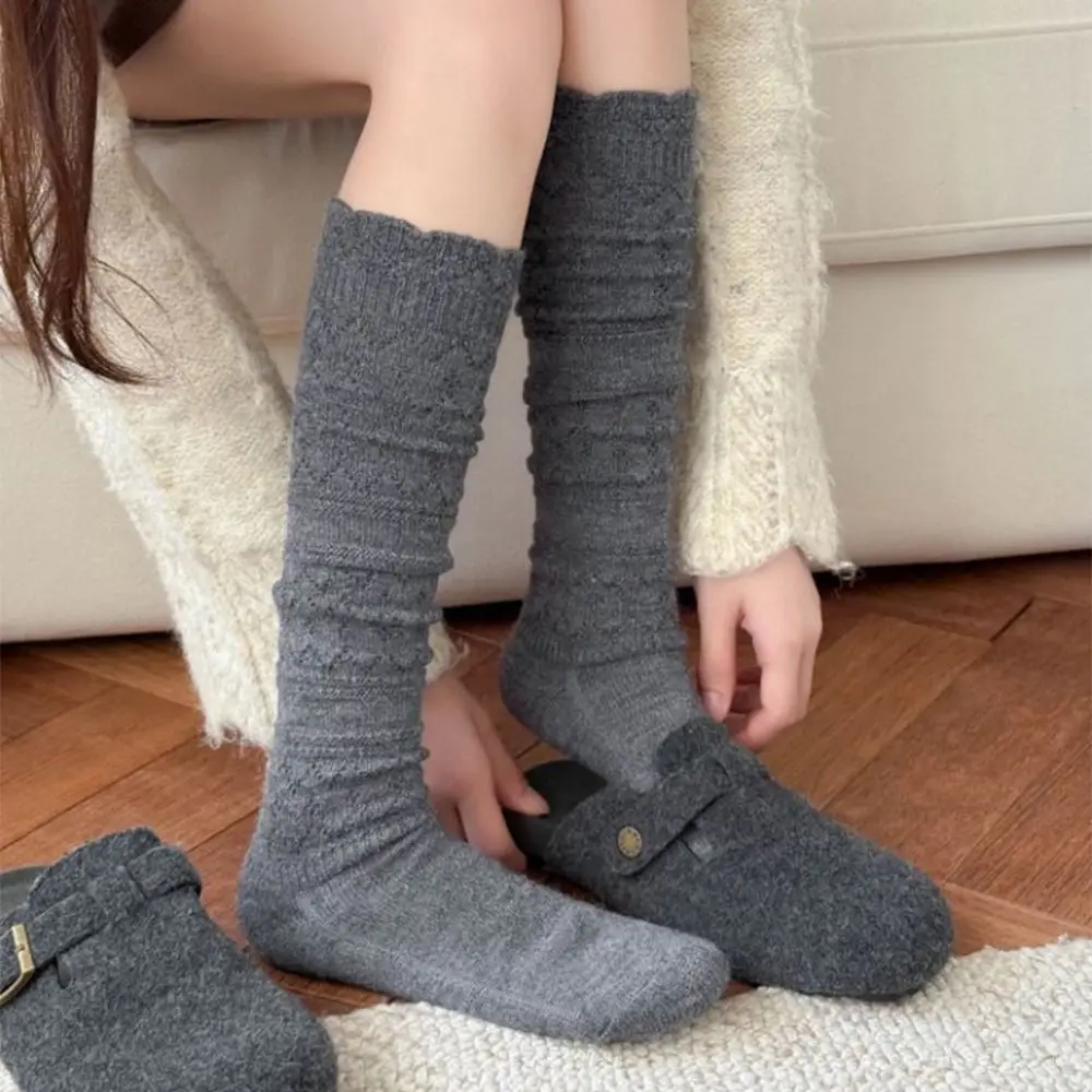 

Solid Color Autumn Knitted Socks Soft Comfortable Women's Long Socks Hollow Out Knitted Girl's Stacked Socks Harajuku Street