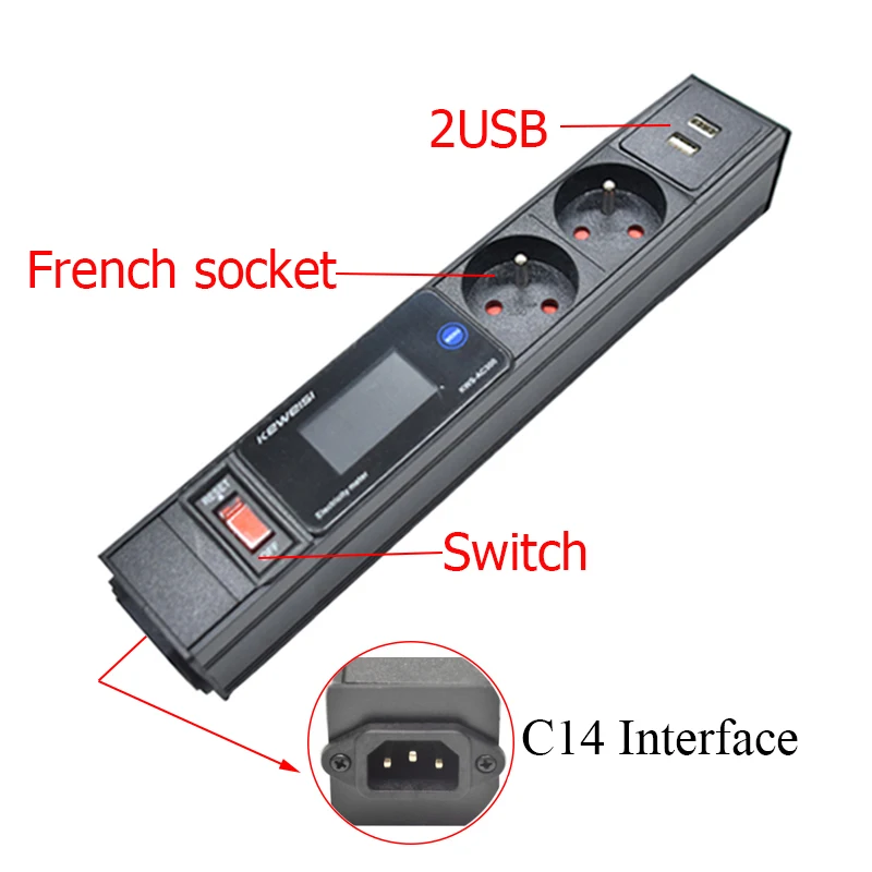 

USB Power Strip Display Volt Watt Kwh Test Meter 2/3/4/5/6/7/8/9Ways French Socket Outlets with Switch C14 interface