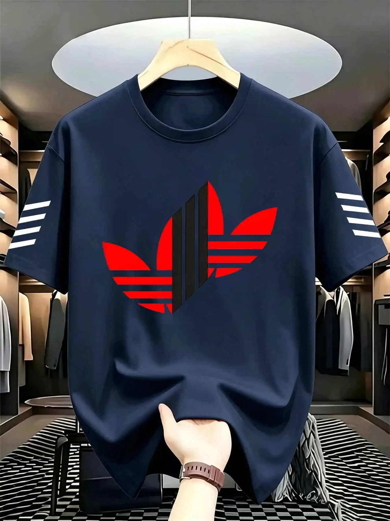 Men's Geometric Graphic T-shirt Summer Round Neck Short Sleeve Tee Breathable Casual Tops Striped Sleeve Print Male Daily Workou