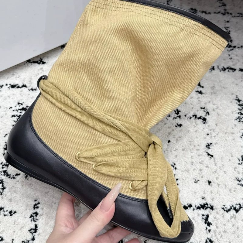 Pleated Shoes for Womens Round Toes Flat Heels Stitching Female Short Boots Mixed Colors Ladies Butterfly-knot Zapatos De Mujer