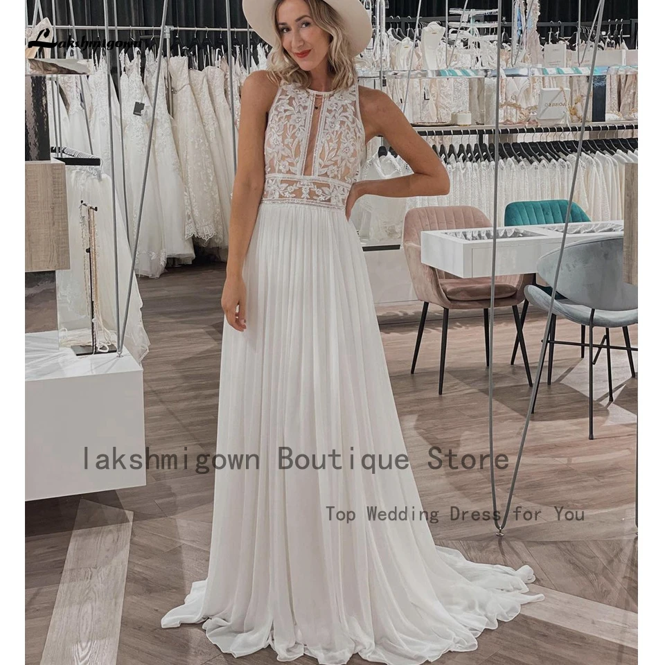 

Lakshmigown Bohemian Beach Chiffon Wedding Dress Keyhole Back 2023 Vestido Chic Bridal Beach Wedding Gowns Lace Sheer Bodice