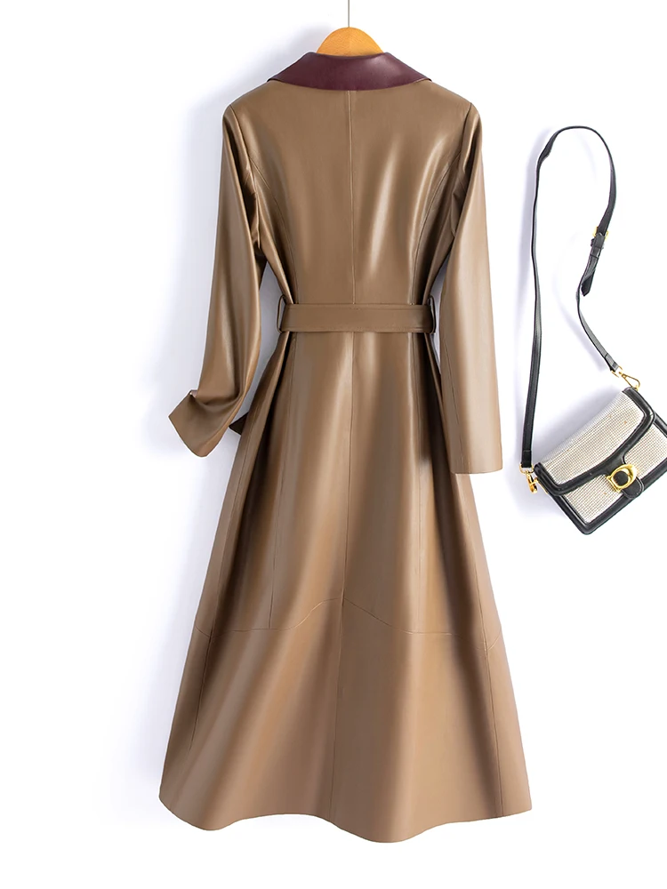 Manteau en cuir véritable Haining pour femme, coupe mi-longue, en peau de mouton, coupe-vent, nouvelle collection automne 2025, col tailleur, ceinturé