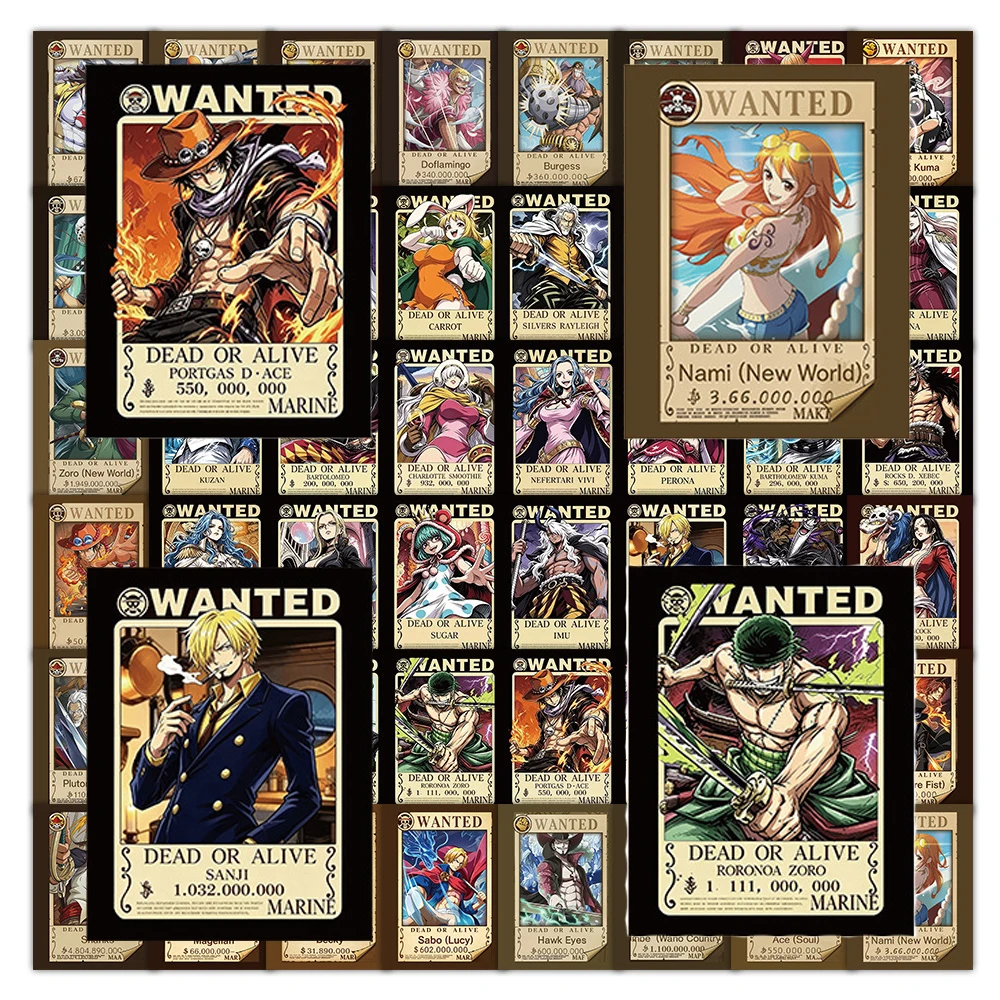 10/30/50pcs New Cool ONE PIECE Wanted Poster Stickers Classic Anime Graffiti Decals DIY Notebook Phone Laptop Waterproof Sticker