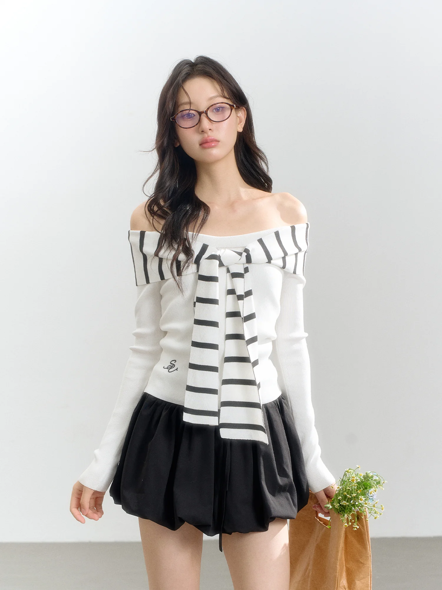 

INSLIISA Slim Fit Striped oulder Tie Long Sve Knitted T-irt Women's Faionable Casual Sle Autumn Polyester Blend