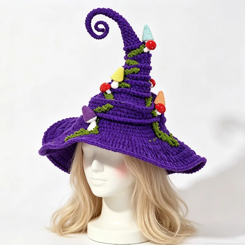 Handmade Solid Mushroom Witch Wizard Hat Women Custom Crochet Plush Knitted Beanie Men Funny Cosplay Halloween Accessory Caps
