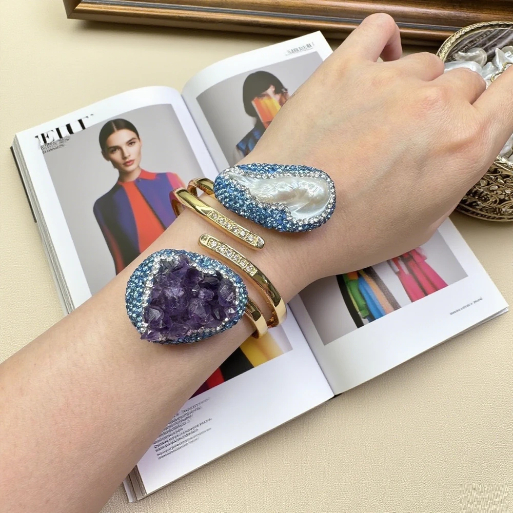 

Turkish Rough Natural Amethyst Baroque Inlaid Freshwater Pearl Bangle Crystal Quartz Bracelet Women's Banquet Jewelry