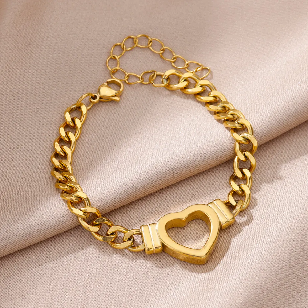 Tobilleras de corazón ahuecado de acero inoxidable para mujer, cadenas de Color dorado, joyería para mujer, regalos, un conjunto de pulseras y tobillos