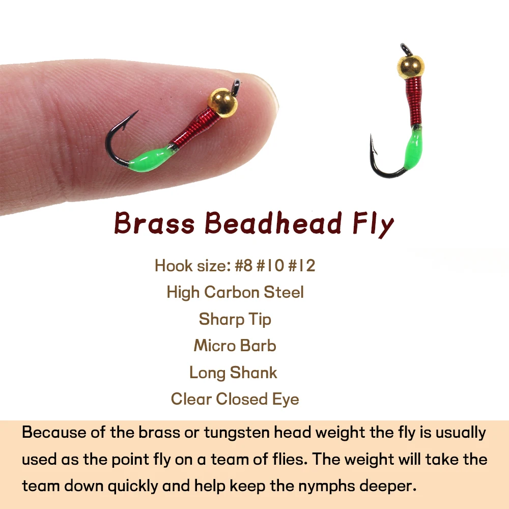 Bimoo 6pcs Brass Bead Buzzer Hand Made Red Wire Worm Lures For Whitefish Walleye Fast Sinking Ice Fishing Nymph Trout Baits