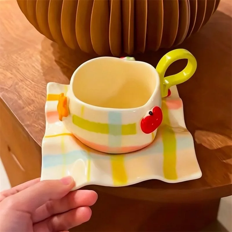 Apple Plaid Ceramic Cups and Saucers,Hand-painted Flower Mugs,Wine Glasses,Graduation Gifts Girlfriends,Coffee Drinkware