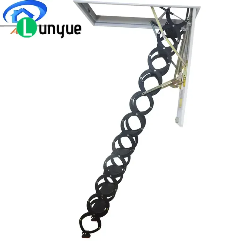 Space Saving Sliding Loft Stair System with Folding Steps and Trapdoor for Attic Basement Storage Heavy Duty Wood Metal
