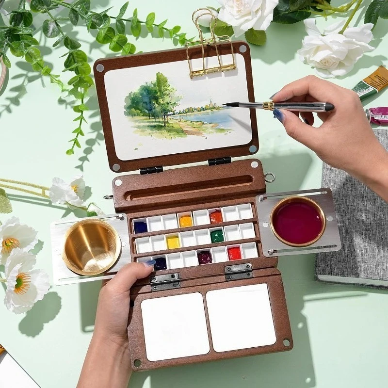 

Portable Foldable Wooden Paint Palette Outdoor Travel Watercolor Board