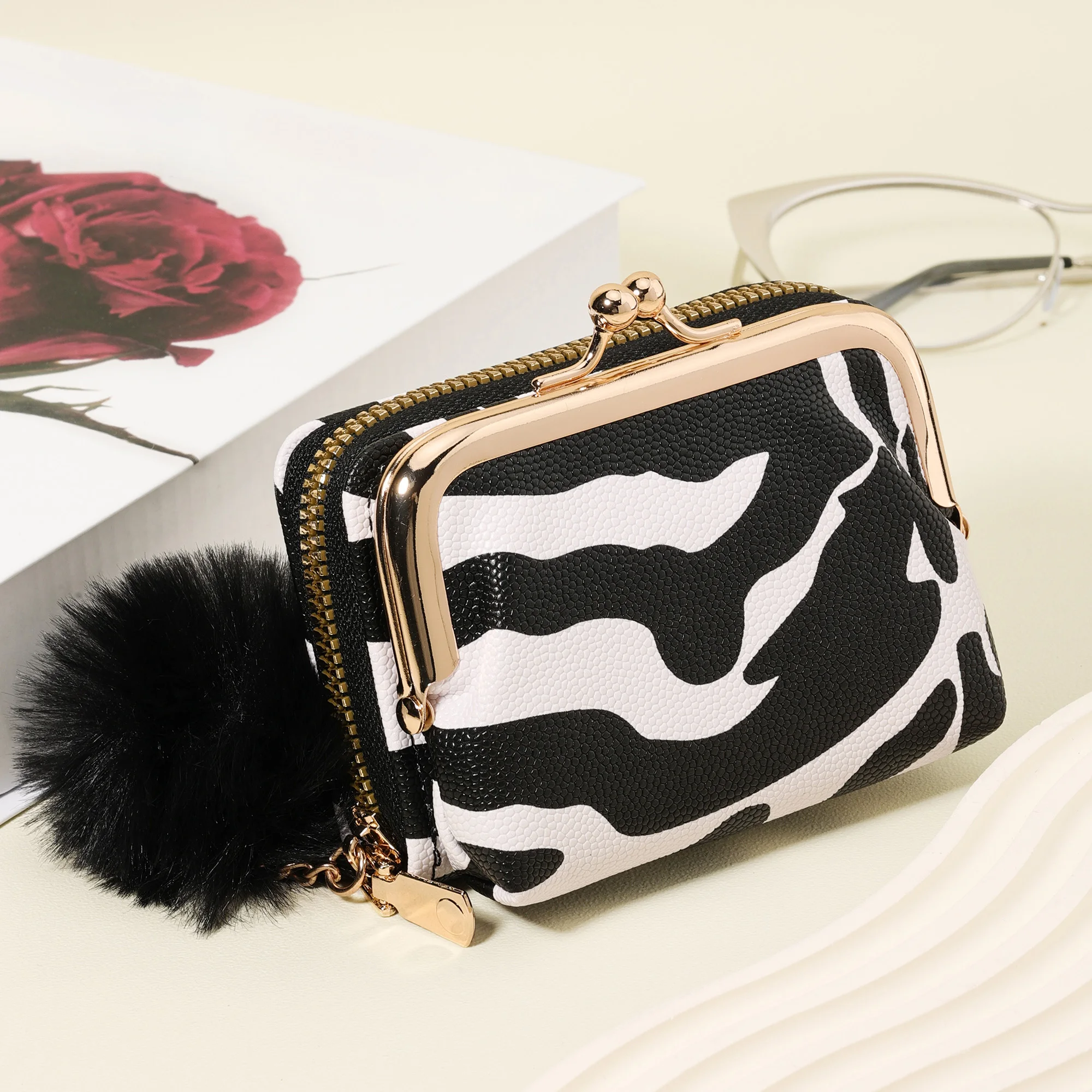 Fashionable zebra print coin wallet with double-layer zipper, Adorned with a Delicate Pom-pom, Simple leisure multi card clip, p