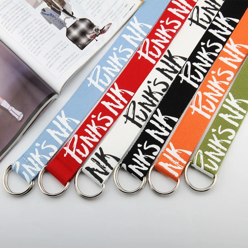 New English Print Jeans Decorative Belt Korean Version Versatile Double Ring Buckle Canvas Belt for Men and Women Students