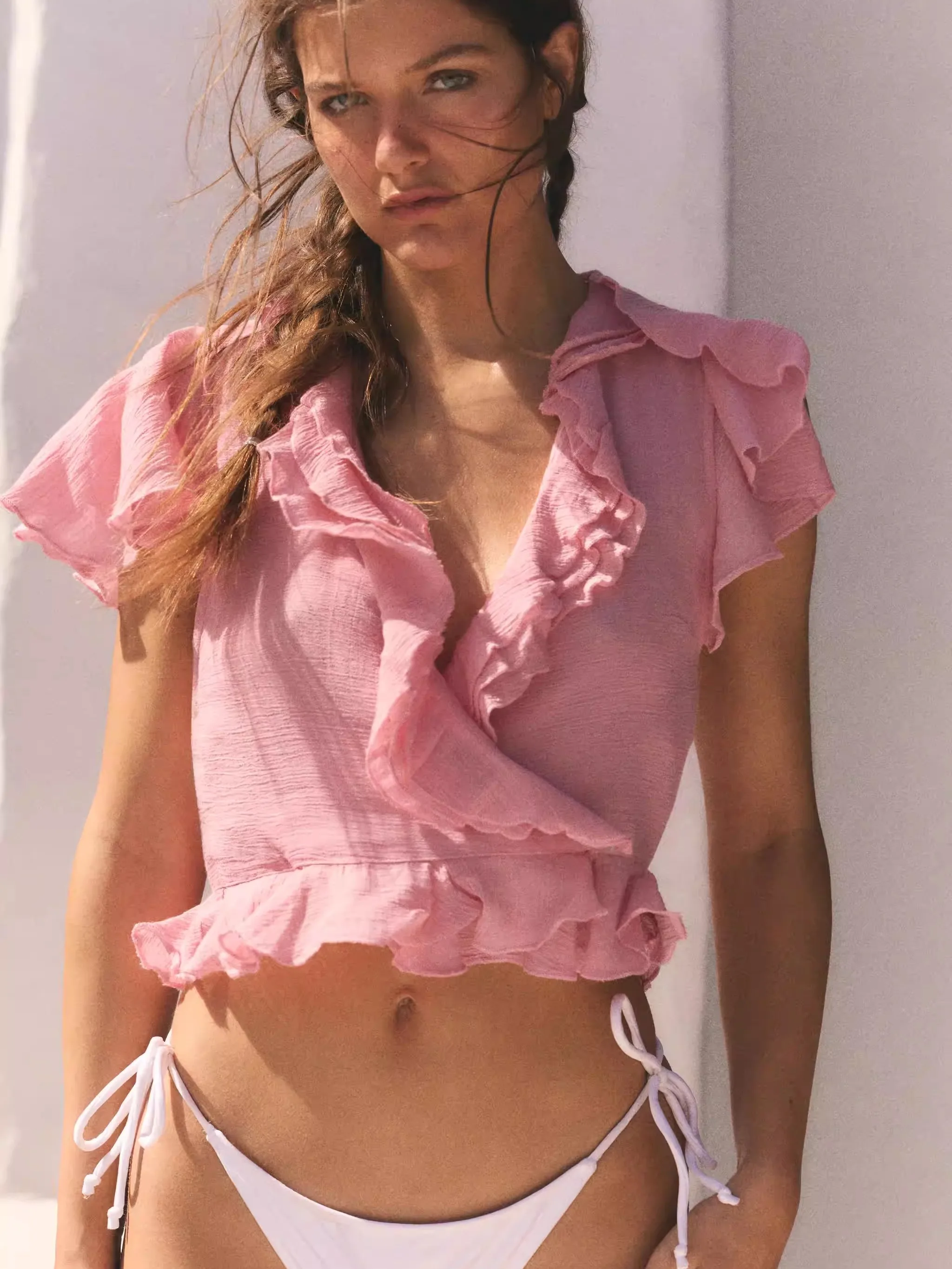 

Elegant Short Sleeve V-Neck Double Lapel Layered Decorated Women's Top New Arrival Summer Collection Fashionable Trendy