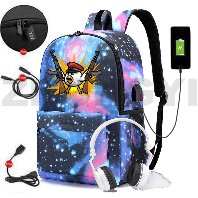 

Student Kids Waterproof Chicken Gun Anti Theft Backpacks Anime USB Charging Laptop Mens Bookbag Fashion Travel Bag Women Handbag