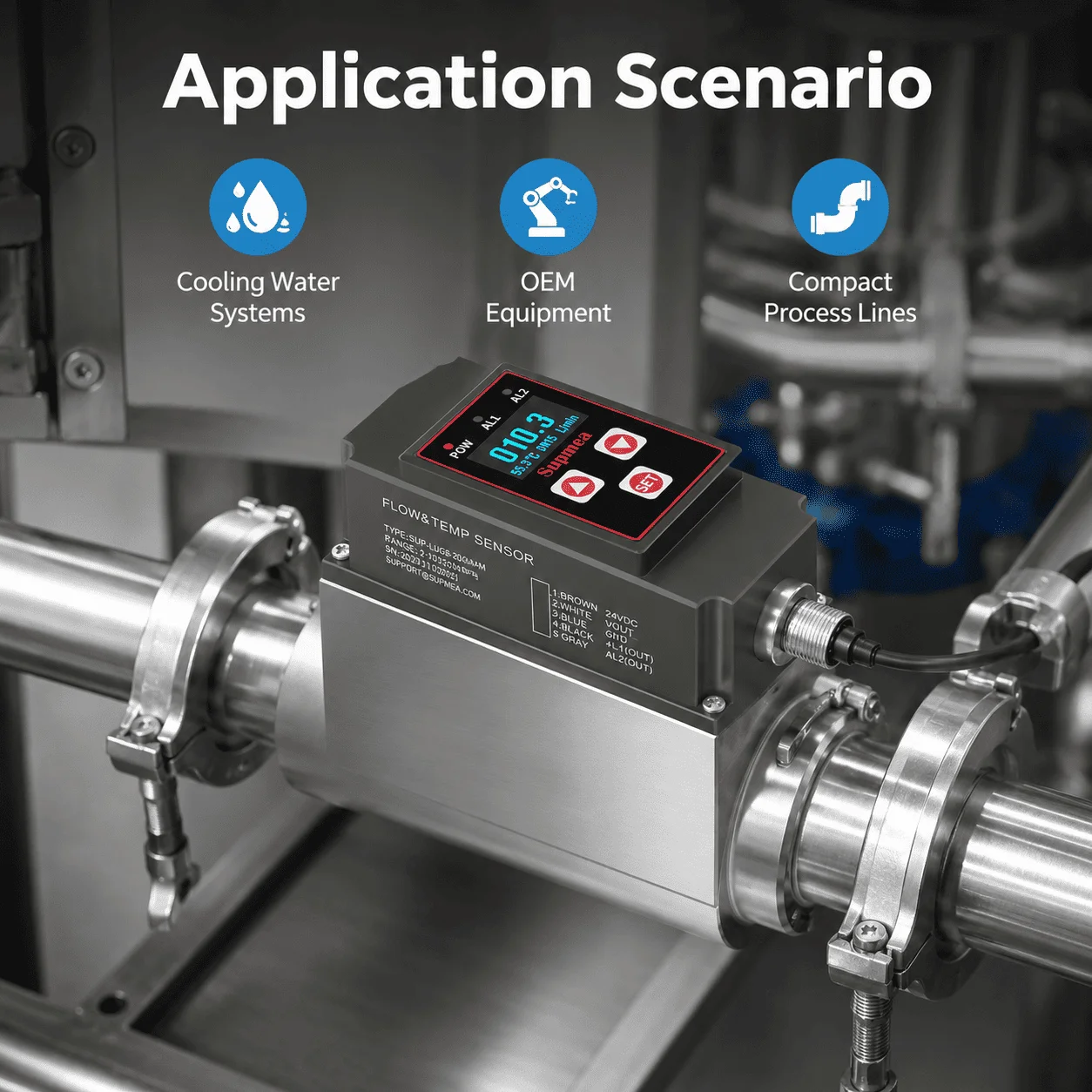 Supmea Mini Vortex Flow Sensor High Repeatability IP65 Protection for Automated Small Pipeline Circulation System