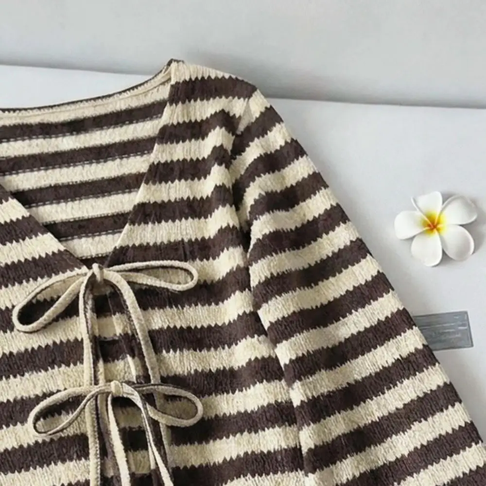 Womens Stylish Striped Cardigan V Neck Long Sleeve Flared Cuff Tie Front Knit Sweater Casual Trendy Commuter Pullover