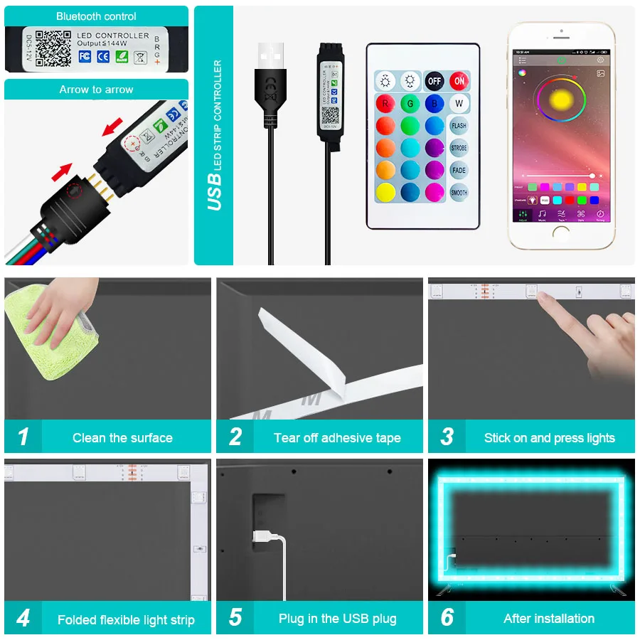 Imagem -03 - Usb Bluetooth Led Strip Light Lâmpada Flexível Fita tv Desktop Tela Luz de Fundo Diodo Smd dc 5v 5050 M5m