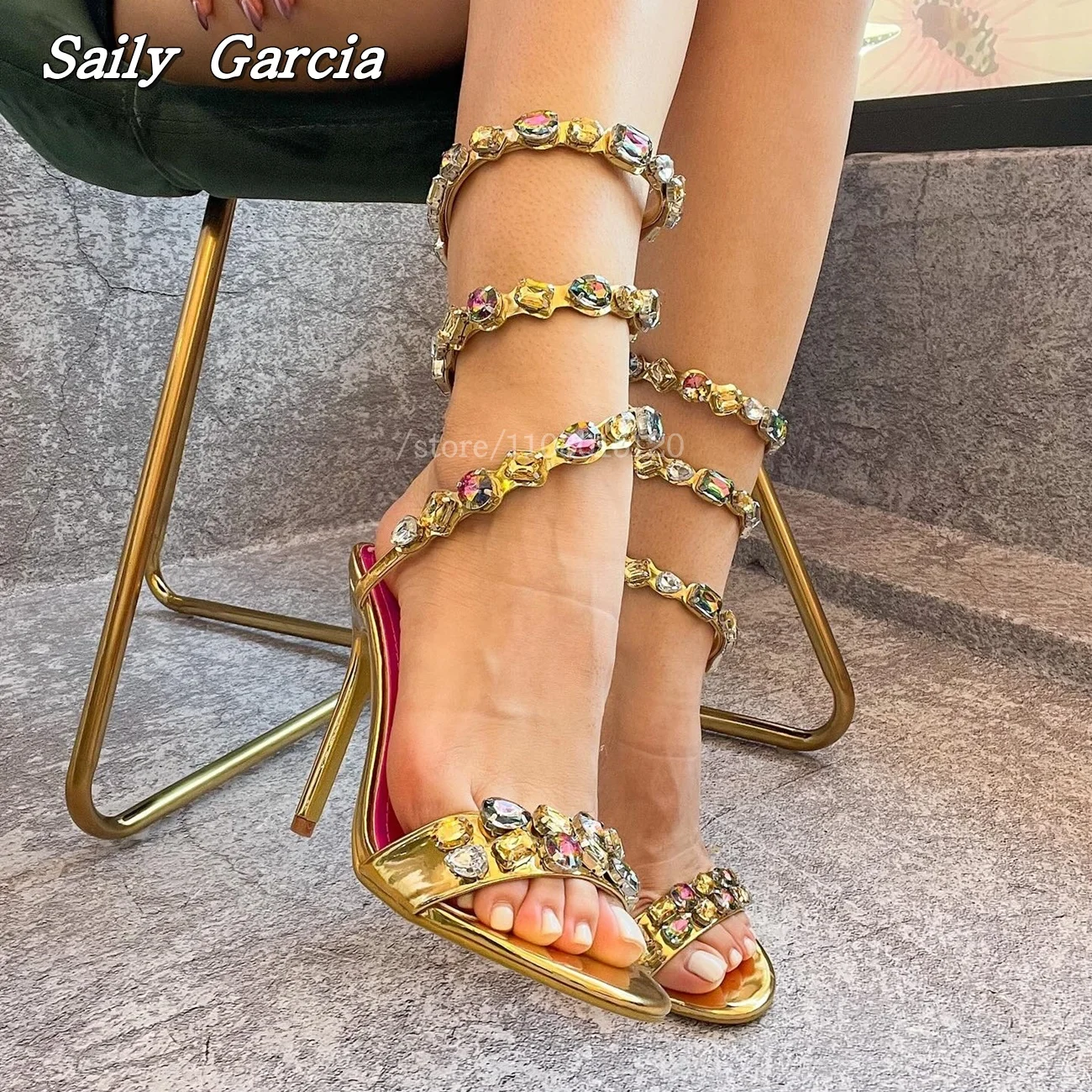 

Satin Open Toe Rhinestones One Word Belt Sexy High Heels 2025 New Back Empty Luxury Party Sandals Size 34-46 Twine Sexy Sandals