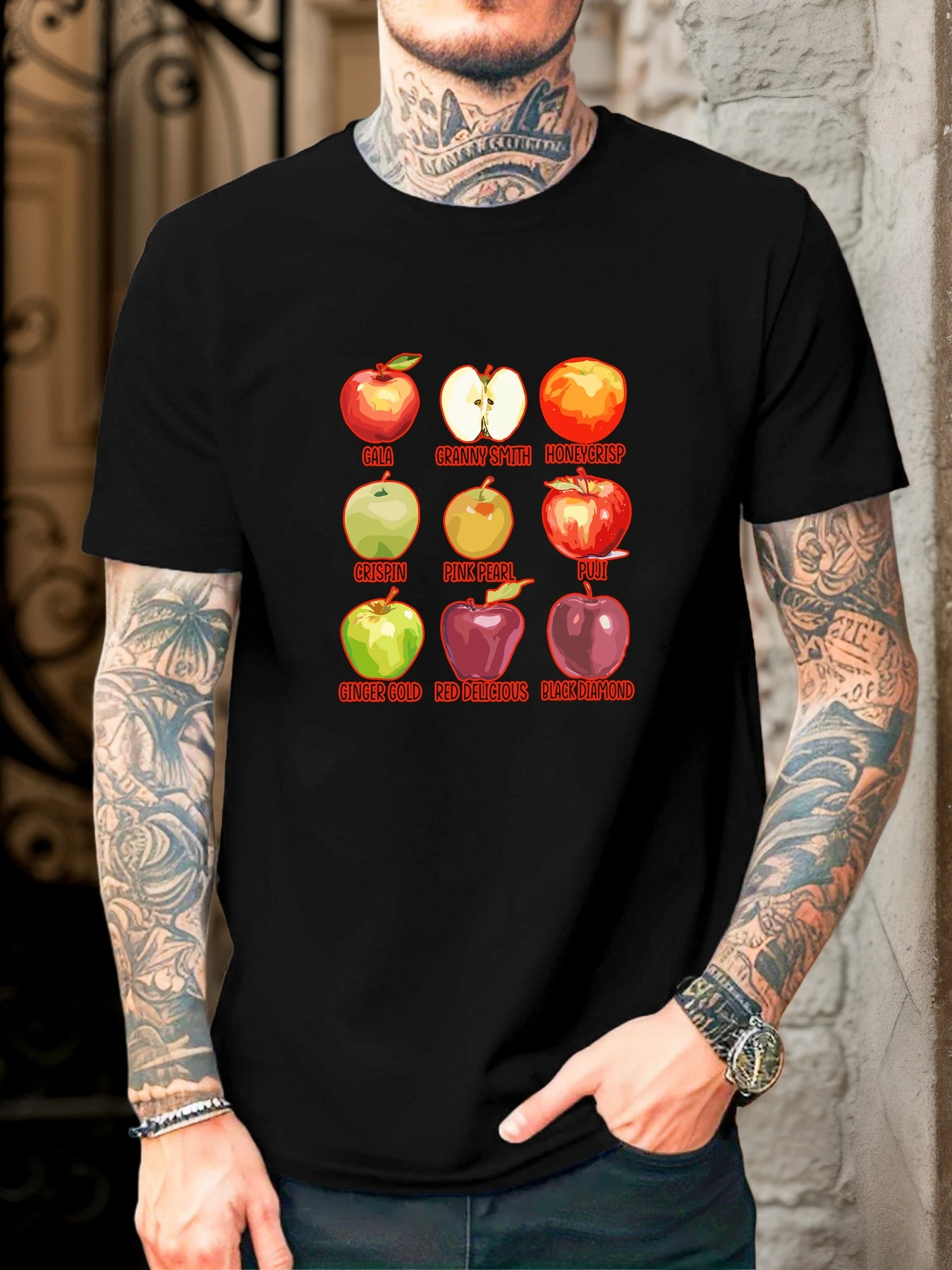 Male Pale Blue Round Neck T Shirt 3x3 Different Kinds Of Apples Illustrated Chart Fruit Lover Harvest Garden Daily Cotton Tee