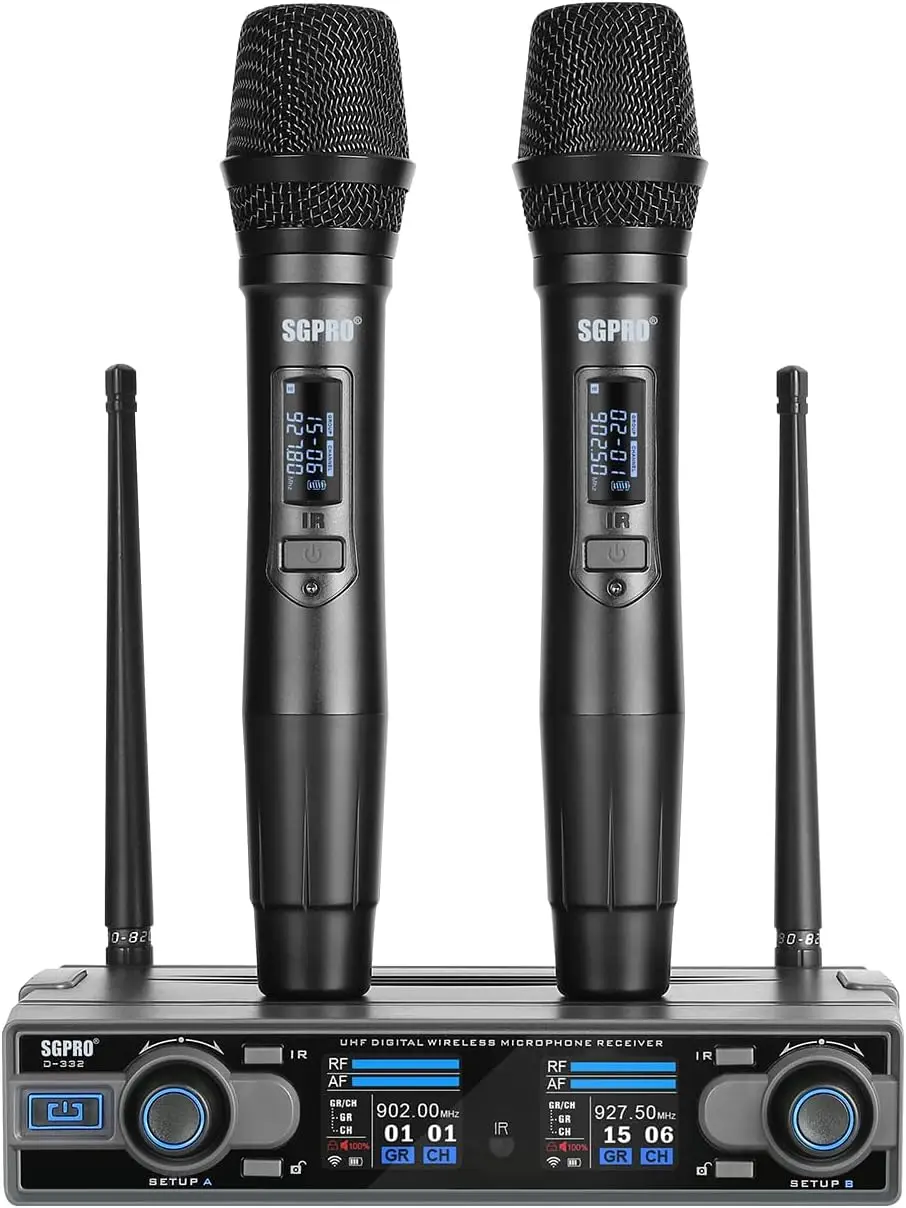

Dual Handheld Wireless Microphone System 262Feet 90 Preset UHF Frequencies Bodypack Head Worn Lavalier Mics for Live