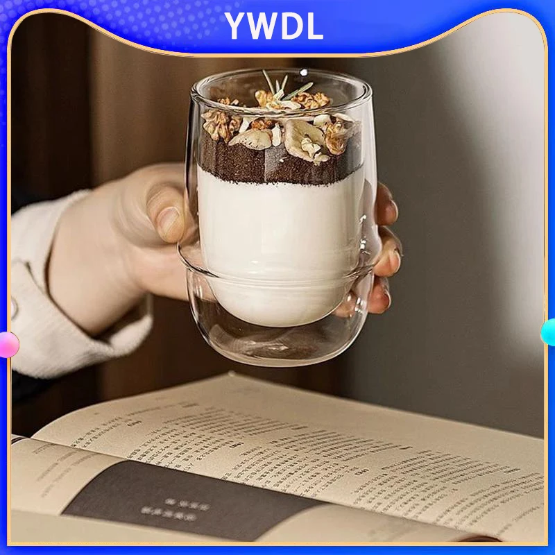 

YWDL 200/250ml Saturn Shape Double Wall Cup Heat Resistant Glass Espresso Coffee Cup Breakfast Milk Yogurt Oatmeal Dessert Cup