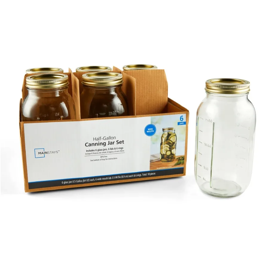 

Half Gallon Mason Jars 6pk, Wide Mouth 64 oz Glass Storage Jars and Lids, Extra Large Size for Sourdough Starter, Sun Tea