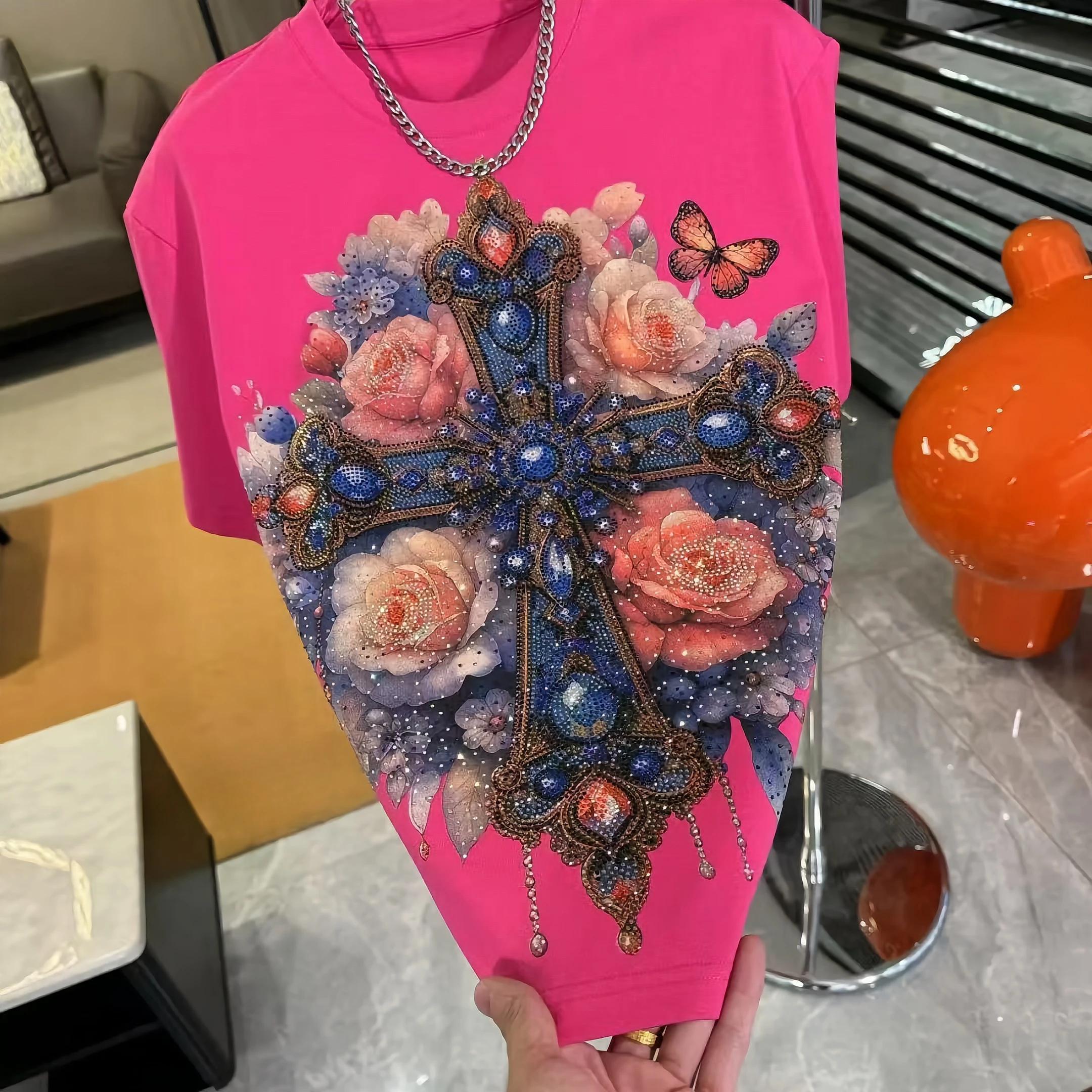 2025 Spring New Loose Chic Tees Round Neck Short Sleeve Hot Diamond T-Shirts Men's Fashion Versatile Casual Quality Trendy Tops