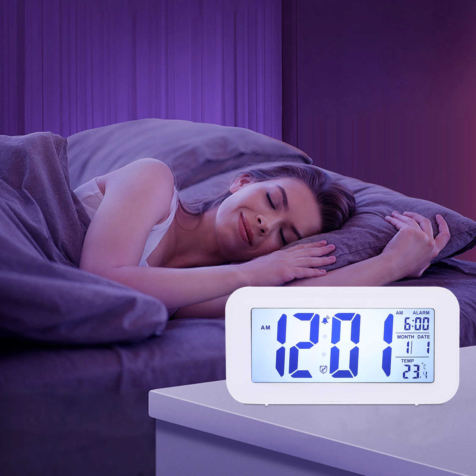 

Lcd Alarm Clock White Large Light Sensor Silent Digital Clock For Bedroom Multifunctional Electronic