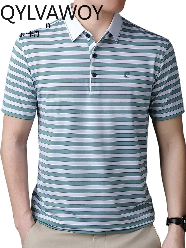 QYLVAWOY 100% Silk T-shirt Short-sleeved Men's Summer 2025 New Lapel Polo Shirt Striped Casual Top חולצת פולו גברים LJ2409