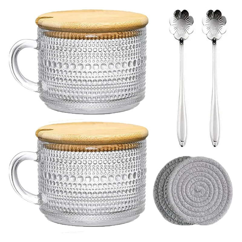 

Vintage Coffee Glass Mugs Set Of 2, Glass Coffee Tea Cups With Bamboo Lids, Coaster And Spoons,15Oz Clear Embossed