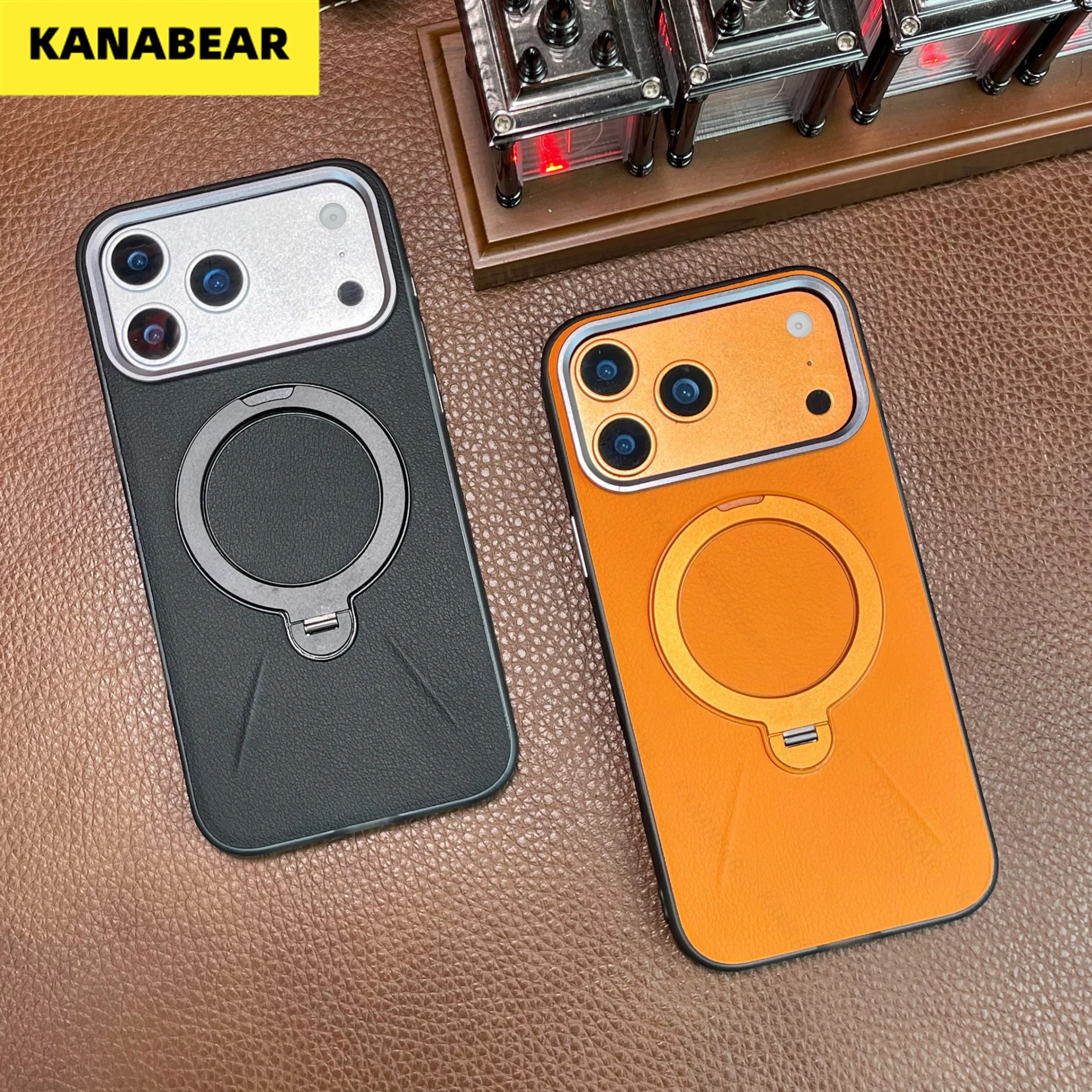 

360° Rotatable Stand Case for iPhone 17/16/15 Pro Max,Leather Texture,Magnetic Adsorption,Full-Body Protection,Business Style