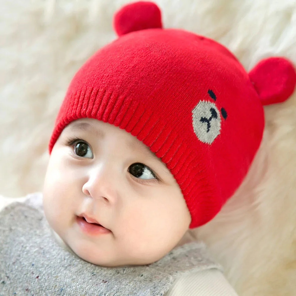 Winter Beanies Cartoon Bear Baby Warm Winter Wool Hat Classical Soft Boys Girls Knitted Hat For Infant Kids 0-8 Month