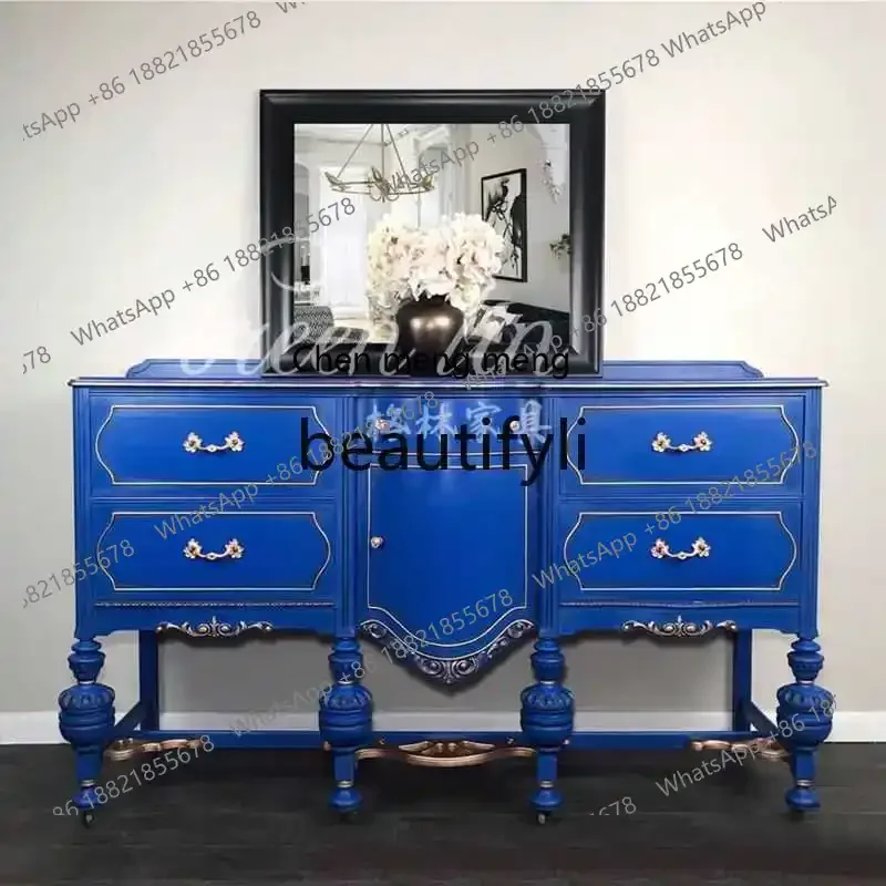 

French retro solid-entry wooden porch cabinet, living room locker, carved storage partition6220