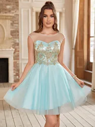 STEPHANIE Sky Blue Lace Appliques Short Cocktail Dresses Evening Beading Embroidery Mini Tulle Formal Party Prom Gowns Vestido