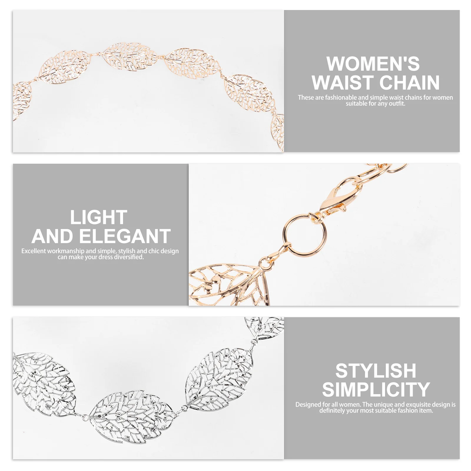

2Pcs Women Metal Waist Chain Hollow Leaf Design Waist Jewelry Dress Belt Fashion Accessory Party Wedding Women Metal Chain
