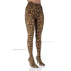 Leopard Print Pointed Toe Springy Pants Boots Over The Knee Stilettos High Heel Women Shoes Novel Sexy 2023 Zapatos Para Mujere