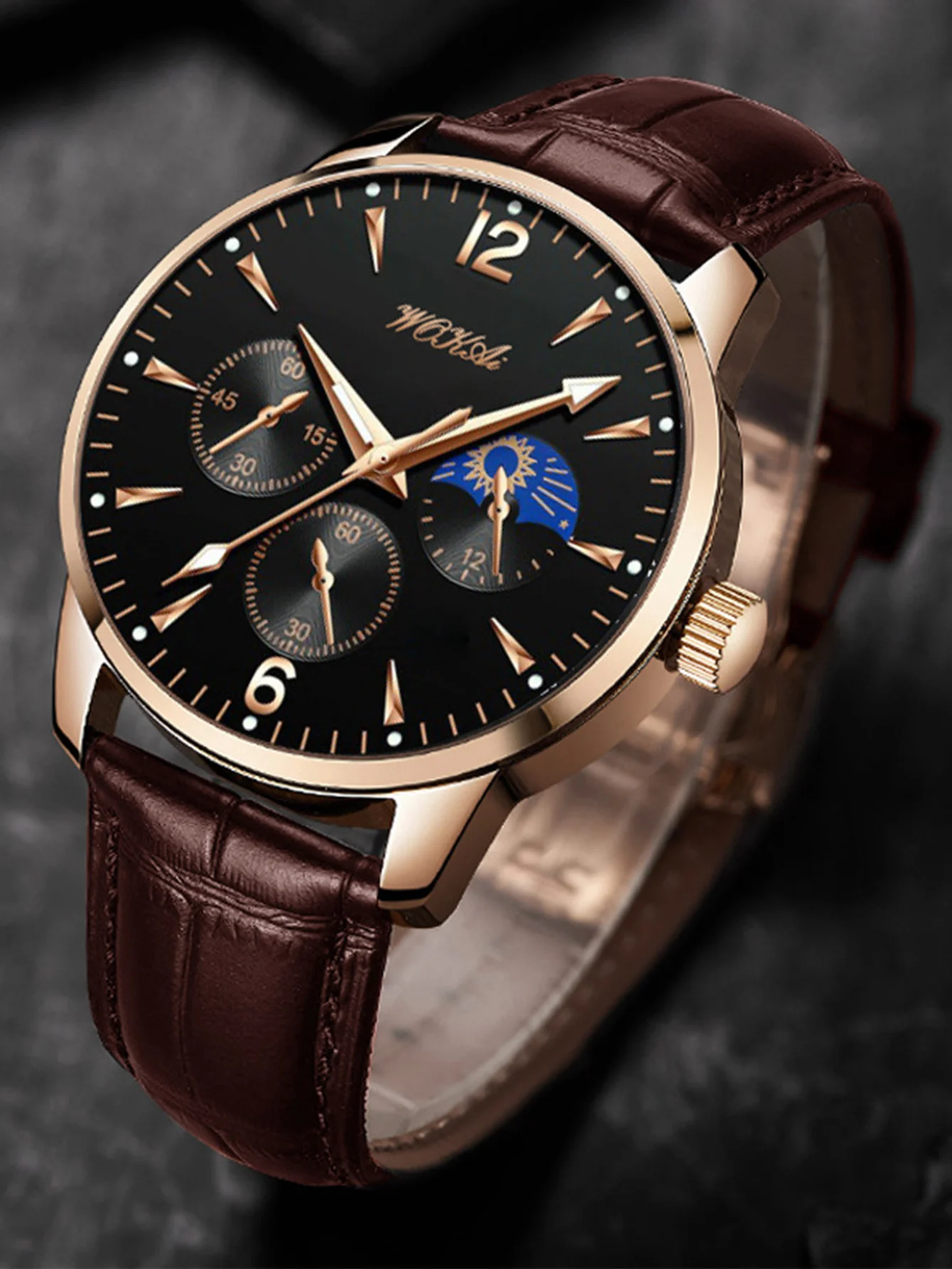 

Спортивные мужские часы-хронограф - черный циферблат, корпус из розового золота, коричневый кожаный ремешок, наручные часы с индикатором фазы луны для повседневного и делового стиля