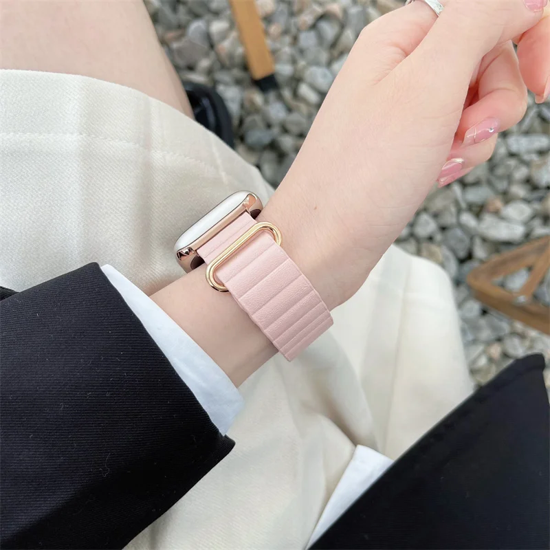 New Pink Leather Strap For iwatch Series Band Ultra 8 7 SE 6 5 4 41mm 45mm Luxury Correa Watchband For Apple Watch 38 42 44 40mm