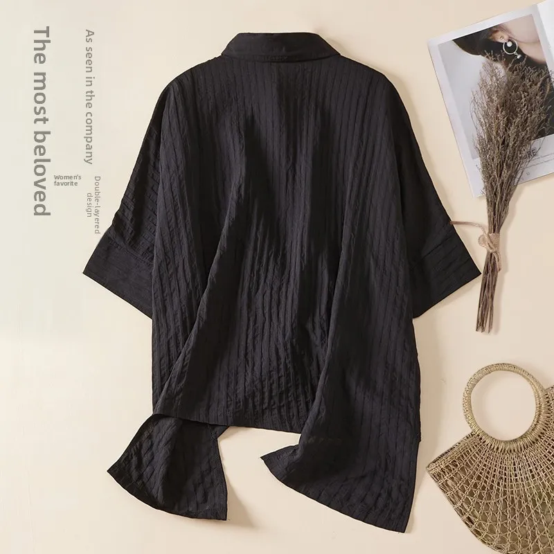Cross Design Pleated Dark Stripe Women's plus Size Shirt Five-Quarter Sleeve Turn-down Collar Asymmetrical Summer Top