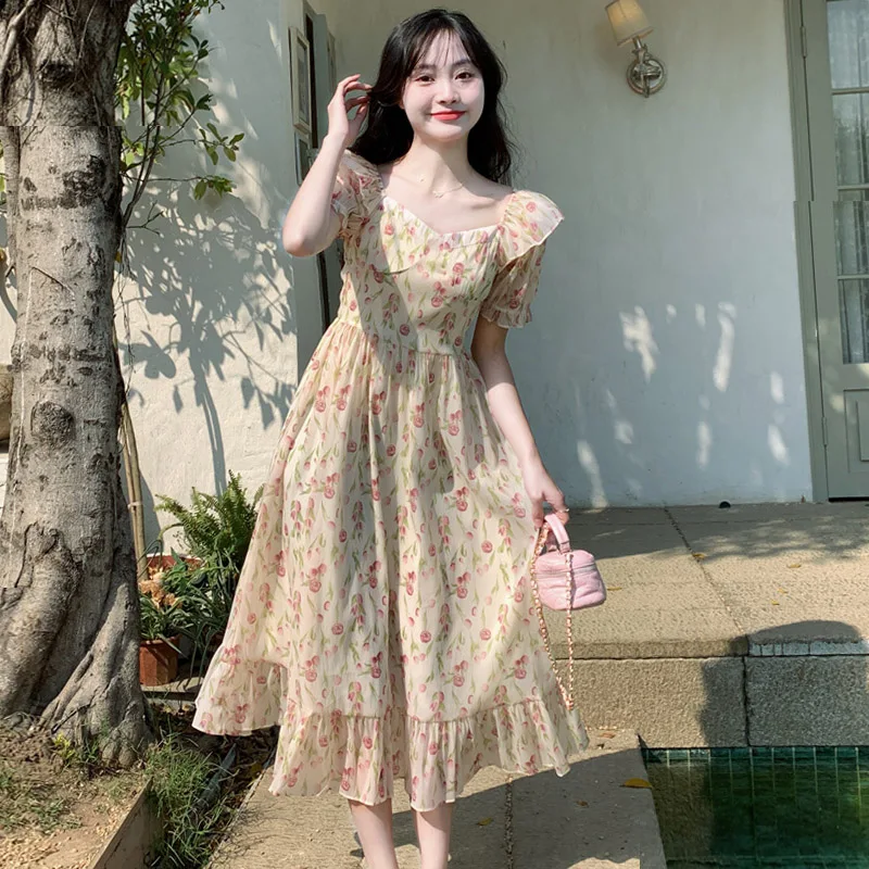 

plus Size Summer Faion Women's High Waist A-Line Long Skirt Fairy Floral Print Chiffon Dr Slimming Effect Korean Sle