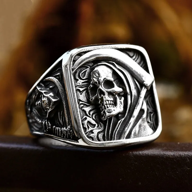 INEFFA nuovo anello da uomo in acciaio inossidabile all\'ingrosso Punk europeo e americano Hip Hop Death Reaper Scythe Skull Ghost Face Ring