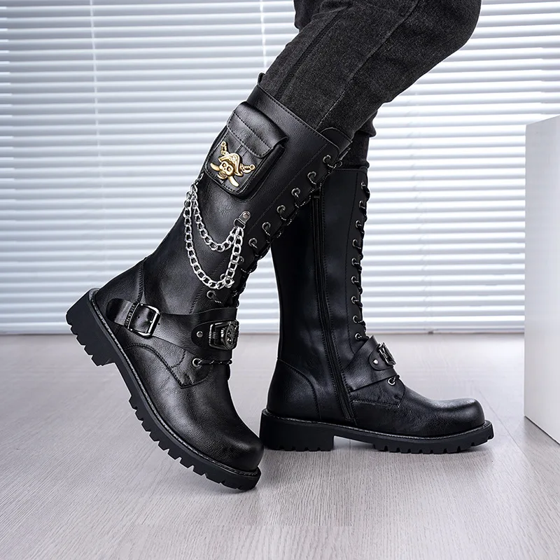 Herren 2026 Motorrad-Totenkopfstiefel Kniehohe Chunky-Plateau-Schnürstiefel Gothic Cowboy-Stiefel mit Metallkette Punk Rock Biker-Stiefel