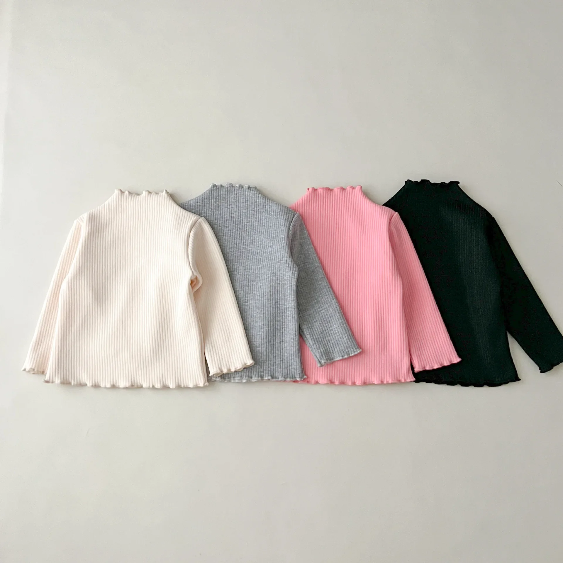 

Winter New Girls Top Half High Neck Solid Color with Long Sleeve Slim Striped Korean Style Fleece Casual Simple Kids Base Shirt