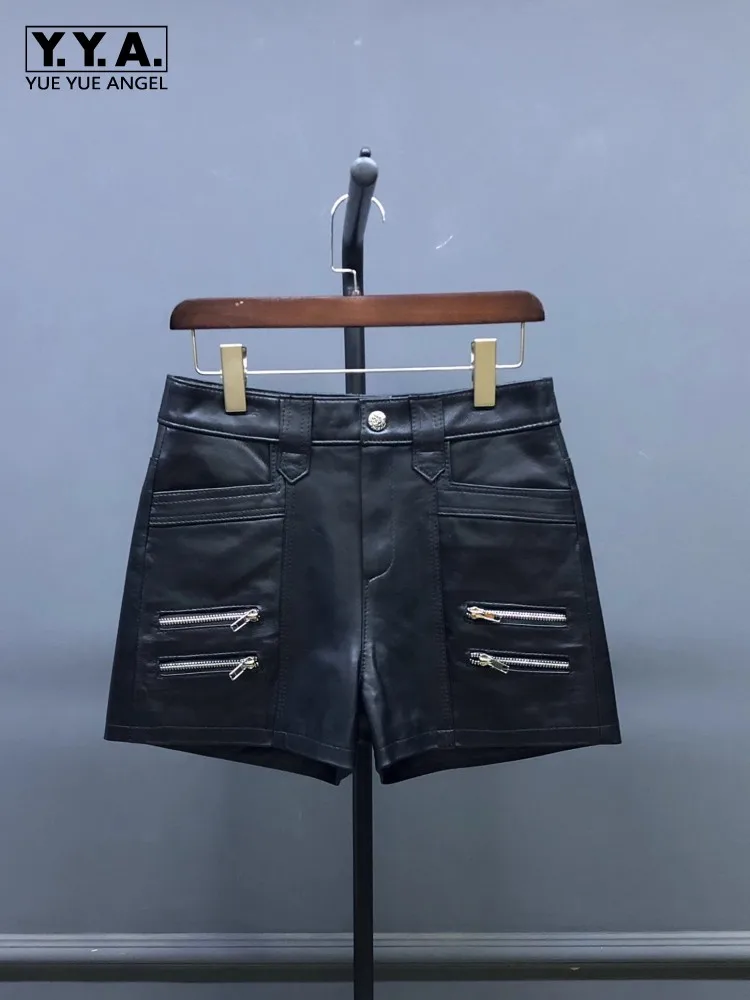 سستة جلد طبيعي الإناث السراويل ألف خط منتصف الخصر موضة الخريف عادية جلد الغنم الطبيعي فوق الركبة بنطال قصير صغير 4XL