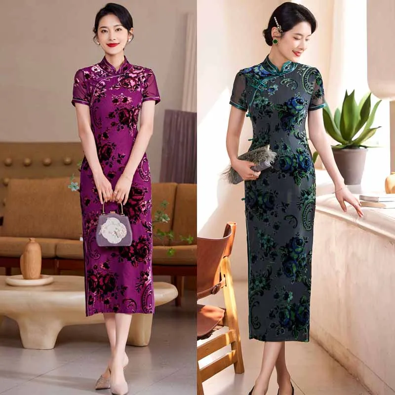 

2024 New Spring Summer Improved Qipao Short Sleeved Women's Mom Chinese Traditional Dresses Long Vintage Print Cheongsam