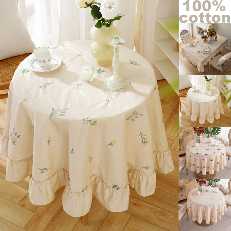 

French Soft Pleated Beige Tablecloth 100% Cotton Round Tablecloth Washable for Weddings Parties Kitchen Dining Room Decoration