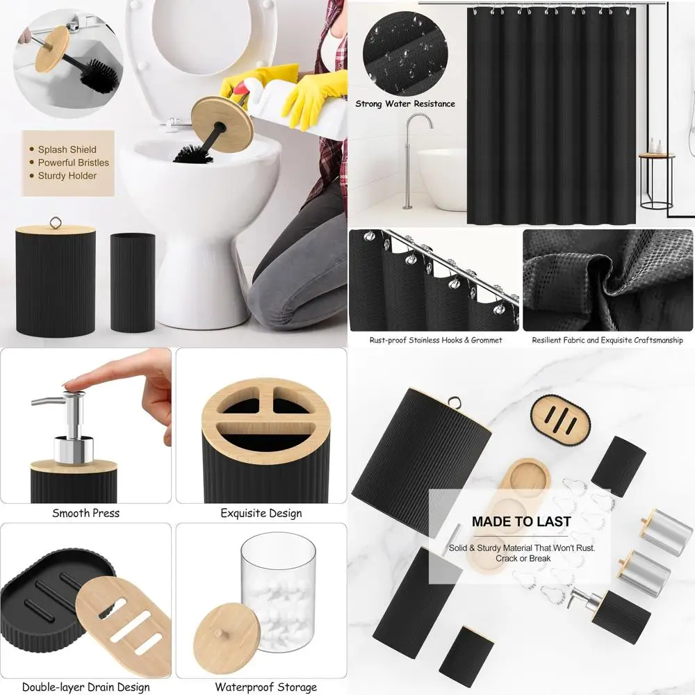 

22-Piece Black Bathroom Accessory Set: Shower Curtain, Trash Bin, Toilet Brush, and Soap Dispenser for Stylish Home Bath Decor