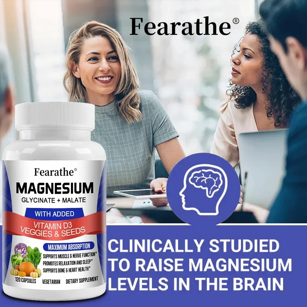 Supplément de glycinate de magnésium avec malate de magnésium, capsules végétariennes unisexes sans OGM, vitamine D3 pour un soutien à forte absorption